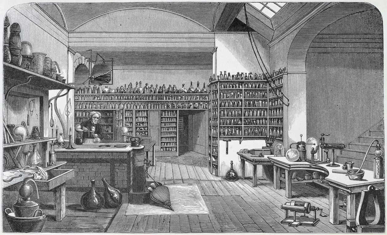 مايكل فاراداي (1791-1867) في مختبره في الطابق السفلي ، من كتاب "حياة ورسائل فاراداي" لهنري بنس جونز ، نُشر عام 1870 ، 1869 بواسطة هارييت جين مور