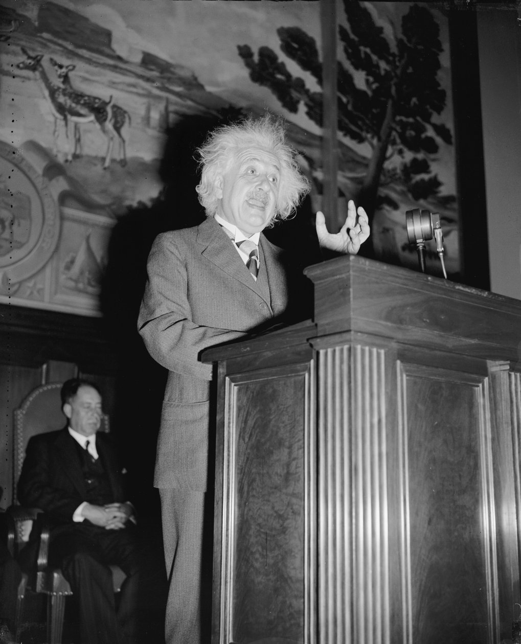 ألبرت أينشتاين يتحدث، حوالي عام 1940 (صورة بالأبيض والأسود) بواسطة هاريس وإوينج