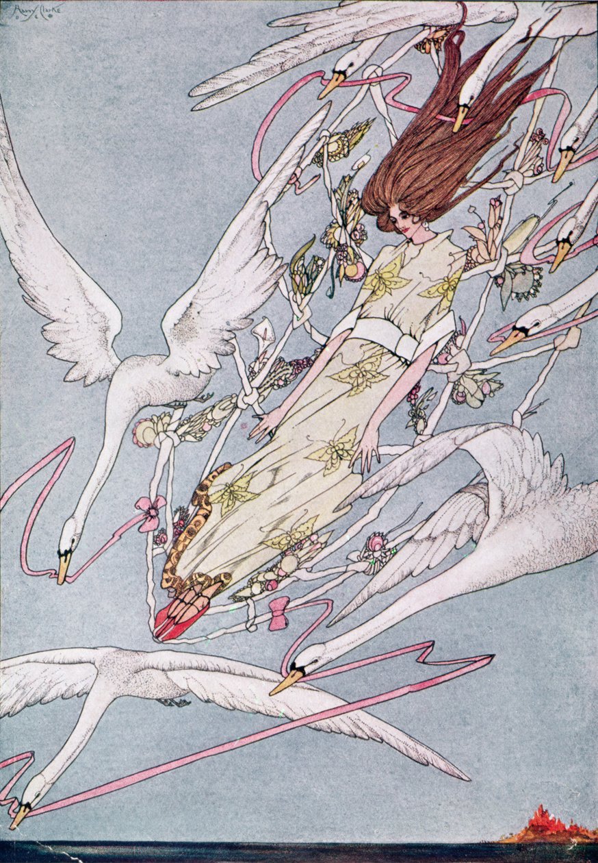 "وطوال اليوم طاروا إلى الأمام" ، رسم توضيحي من تصوير Wild Swans لهانس كريستيان أندرسن بواسطة هاري كلارك