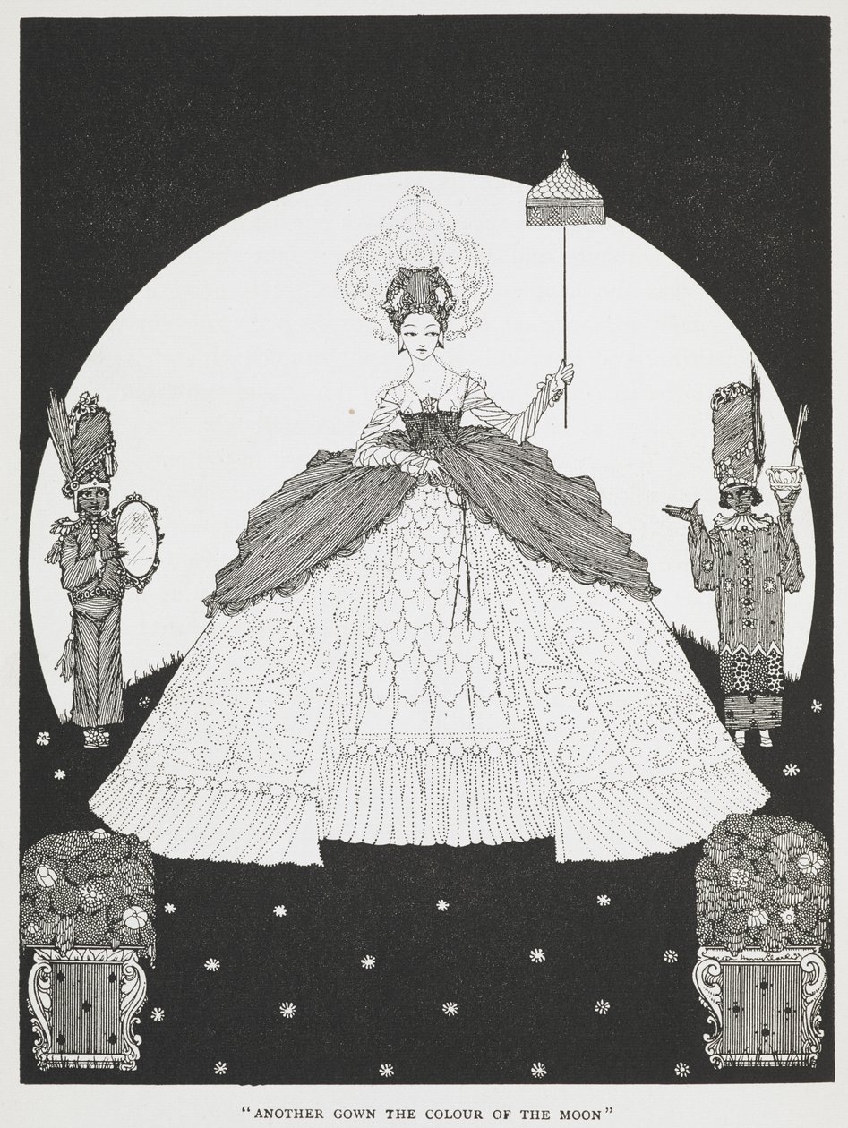 quot;ثوب آخر بلون القمرquot;. رسم توضيحي للقصة quot;جلد الحمارquot;. أميرة جميلة تحمل مظلة، ويقف خادمان على جانبيها. بواسطة هاري كلارك