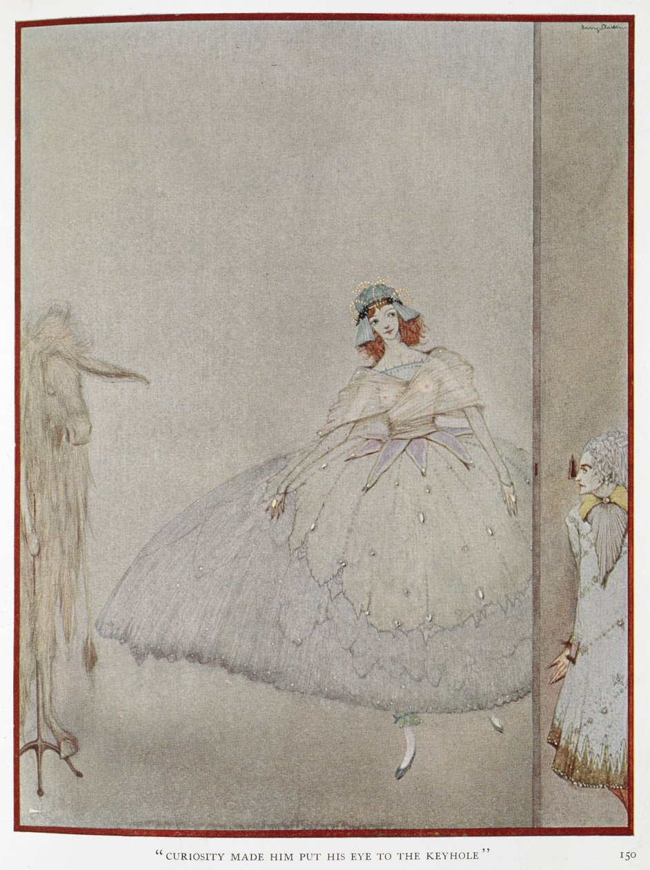 quot;الفضول جعله يضع عينه على ثقب المفتاح.quot; رسم توضيحي للقصة quot;جلد الحمارquot;. أميرة يتم التجسس عليها من قبل أميرة. بواسطة هاري كلارك