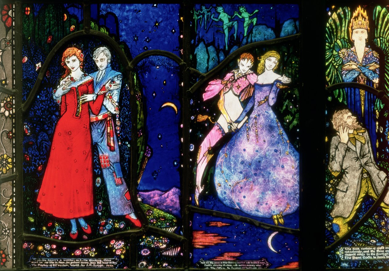 نافذة جنيف التي تصور مستهتر العالم الغربي بقلم JM Synge و The Dreamers بقلم Seamus OSullivan و Demi Gods بقلم James Stephens ، 1929 بواسطة هاري كلارك