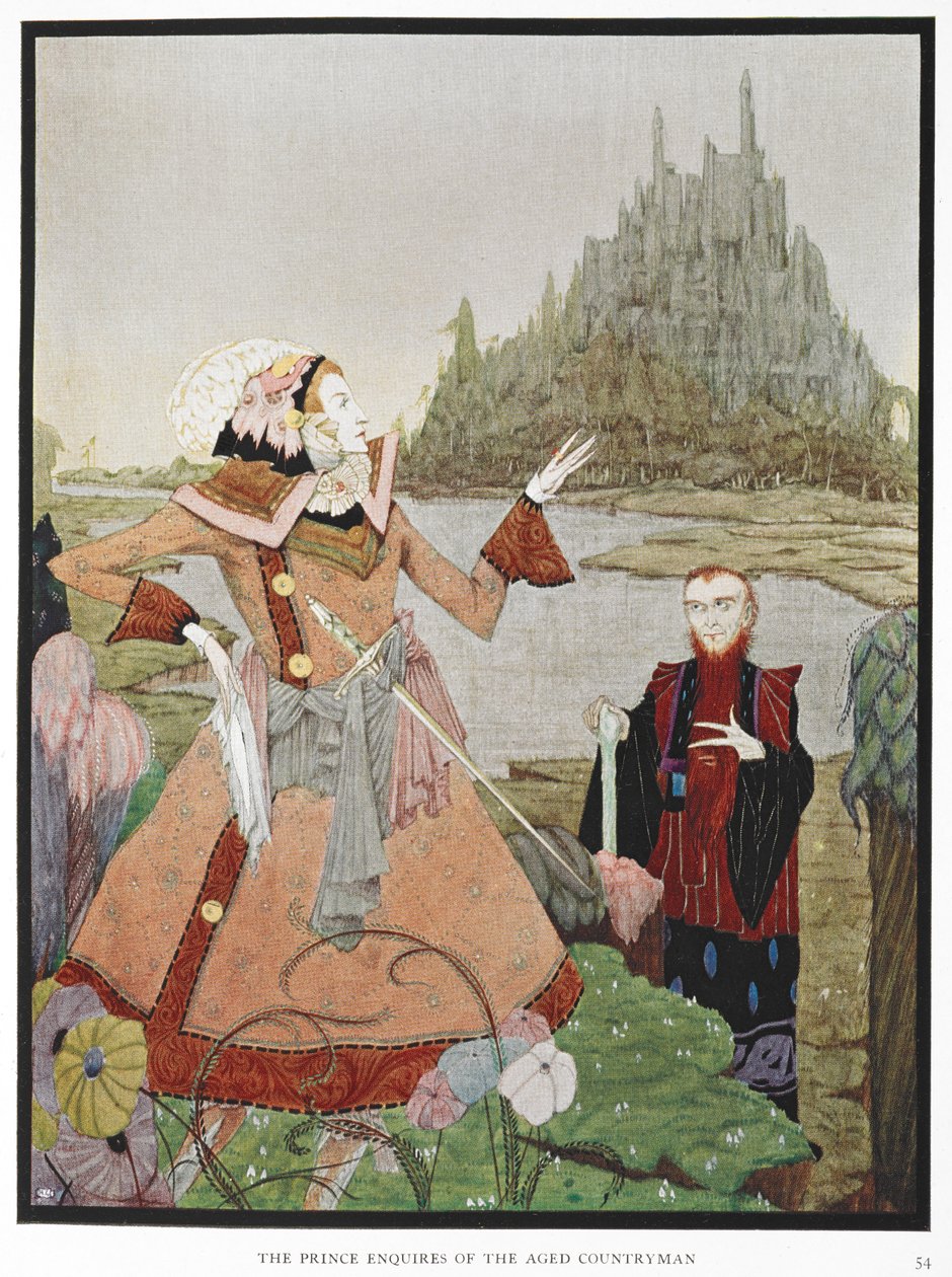 quot;الأمير يستفسر من مواطنه المسن.quot; رسم توضيحي لقصة quot;الجمال النائمquot;. بواسطة هاري كلارك