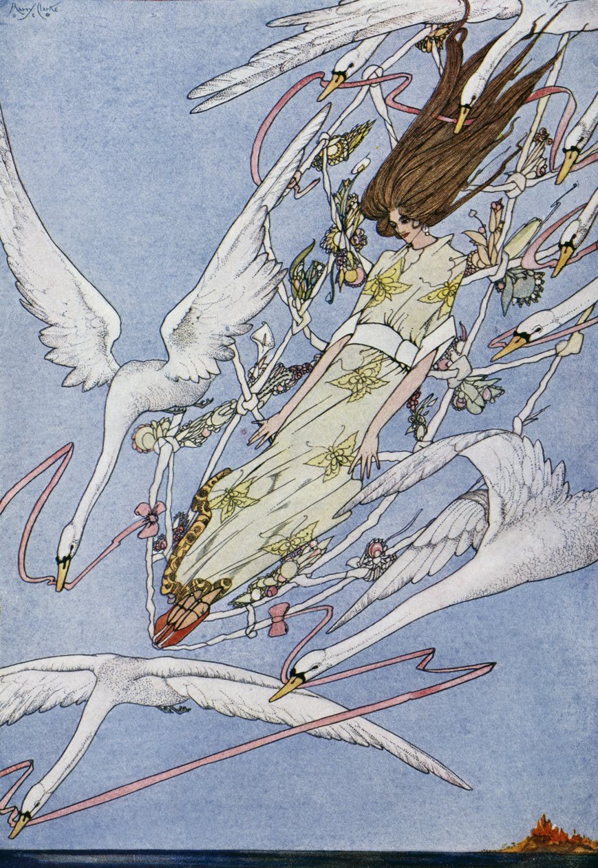 البجع البري ، قصة خيالية لهانس كريستيان أندرسن (1805-1875) ، رسم توضيحي لهاري كلارك (1890-1931) بواسطة هاري كلارك