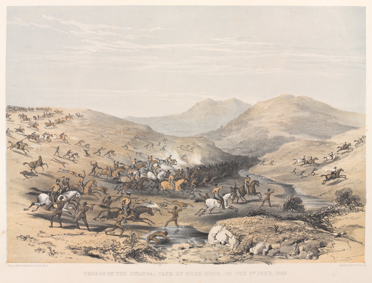هجوم على غوانجا، رأس الرجاء الصالح، في 8 يونيو 1846 (طباعة حجرية ملونة) بواسطة هاري فرانسيس داريل