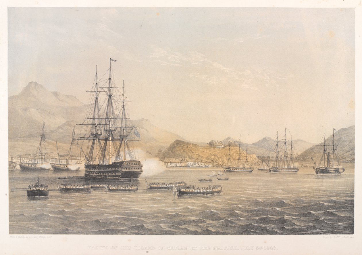 استيلاء البريطانيين على جزيرة تشوسان ، في الخامس من يوليو عام 1840 (الطباعة الحجرية الملونة) بواسطة هاري فرانسيس داريل