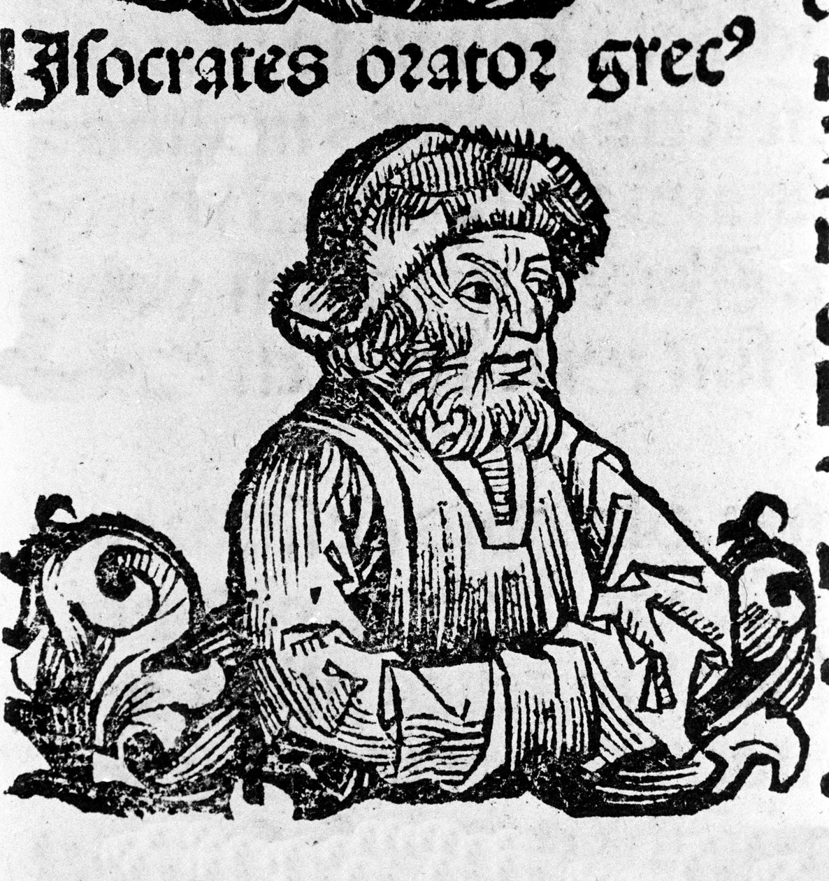 صورة لسماعة العلية Isorate (436-338 قبل الميلاد). Xylography of "" Chronicles of Nuremberg "" بقلم هارتمان شيدل بواسطة هارتمان شيدل