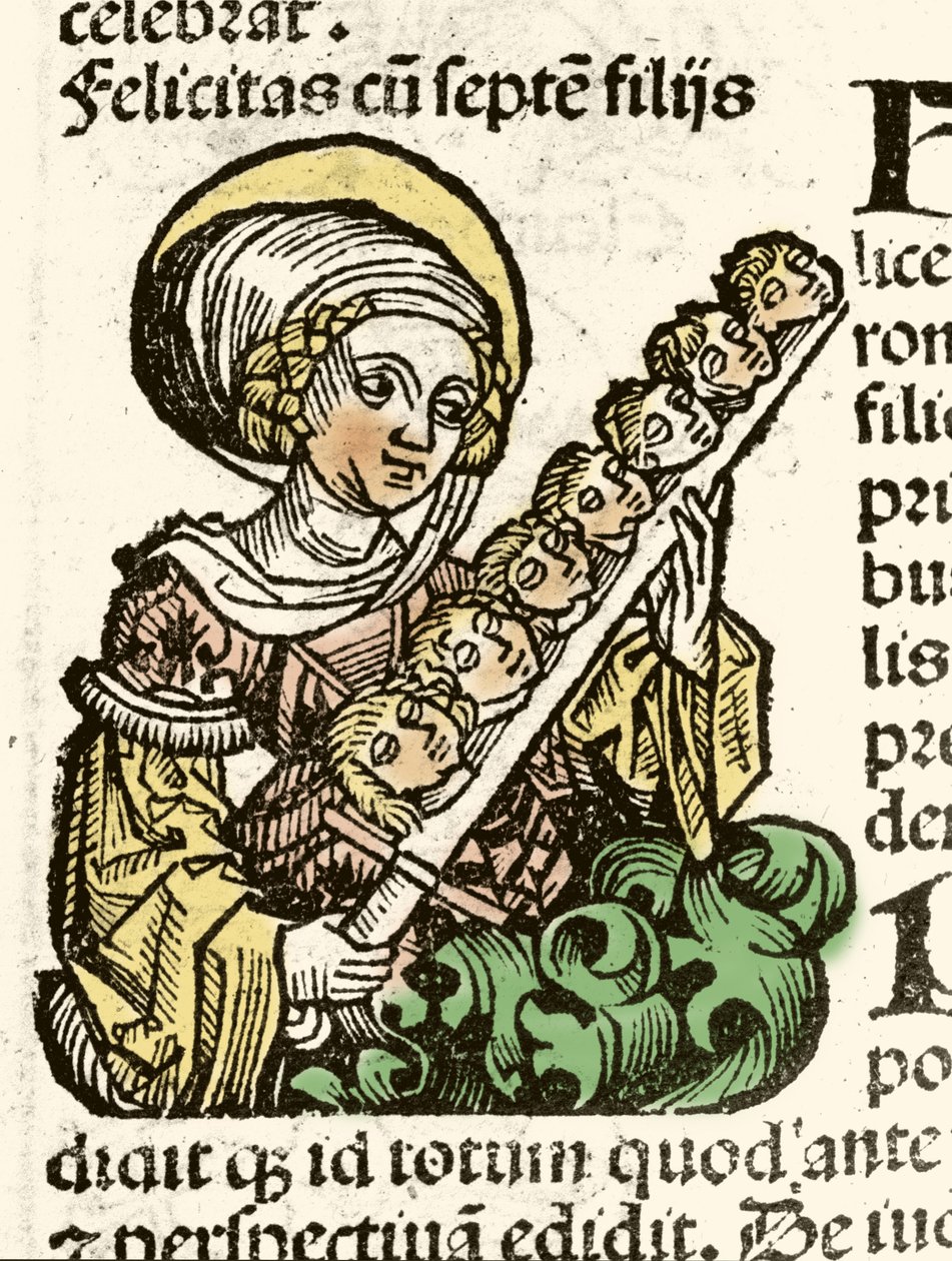 تمثيل القديس فيليسيتي ، الاستشهاد في روما برؤوس أبنائه السبعة. xylography of Hartmann Schedel “” Chronicles of Nuremberg ”“ ”1493. بواسطة هارتمان شيدل