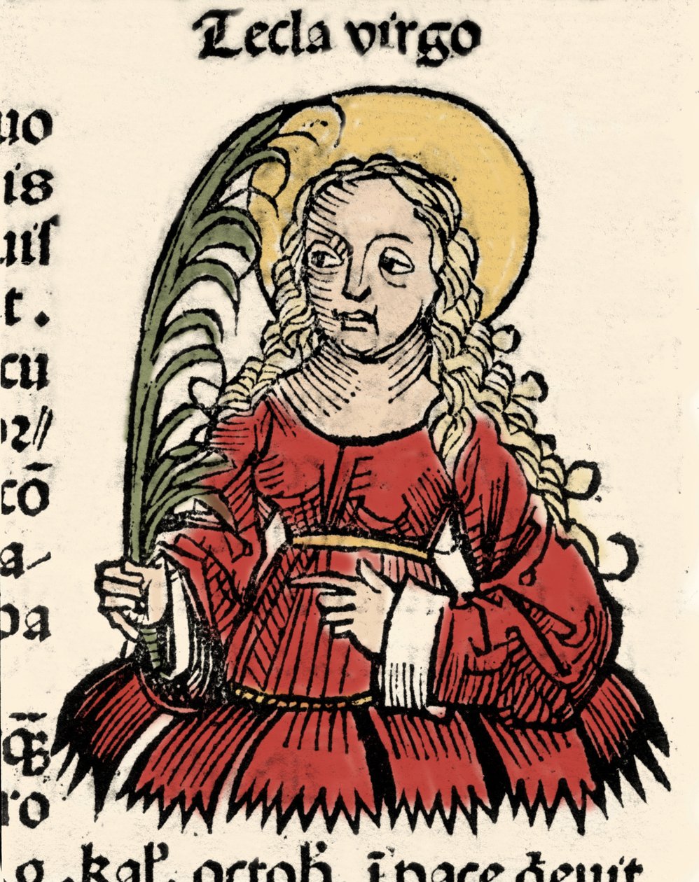 تمثيل العذراء والشهادة Thecle of Iconium (Santa Tecla) Xylography of "" Chronicles of Nuremberg "" "بقلم هارتمان شيدل بواسطة هارتمان شيدل