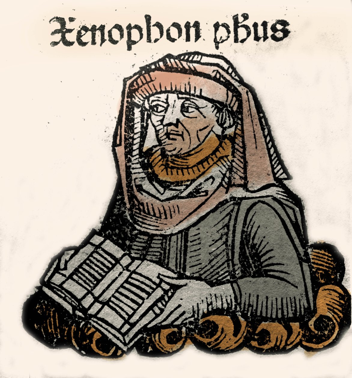 Xenophon of Athenes ، فيلسوف يوناني ومؤرخ (حوالي 430 - حوالي 355 قبل الميلاد). xylography بواسطة هارتمان شيدل "" سجلات نورمبرغ "" 1493. بواسطة هارتمان شيدل