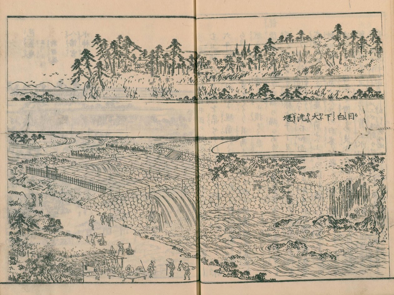 سد على نهر كاندا في Mejiro-shita (Sekiguchi) في Edo Meisho Zue vol.4 (كتاب 12) بواسطة هاسيغاوا سيستان