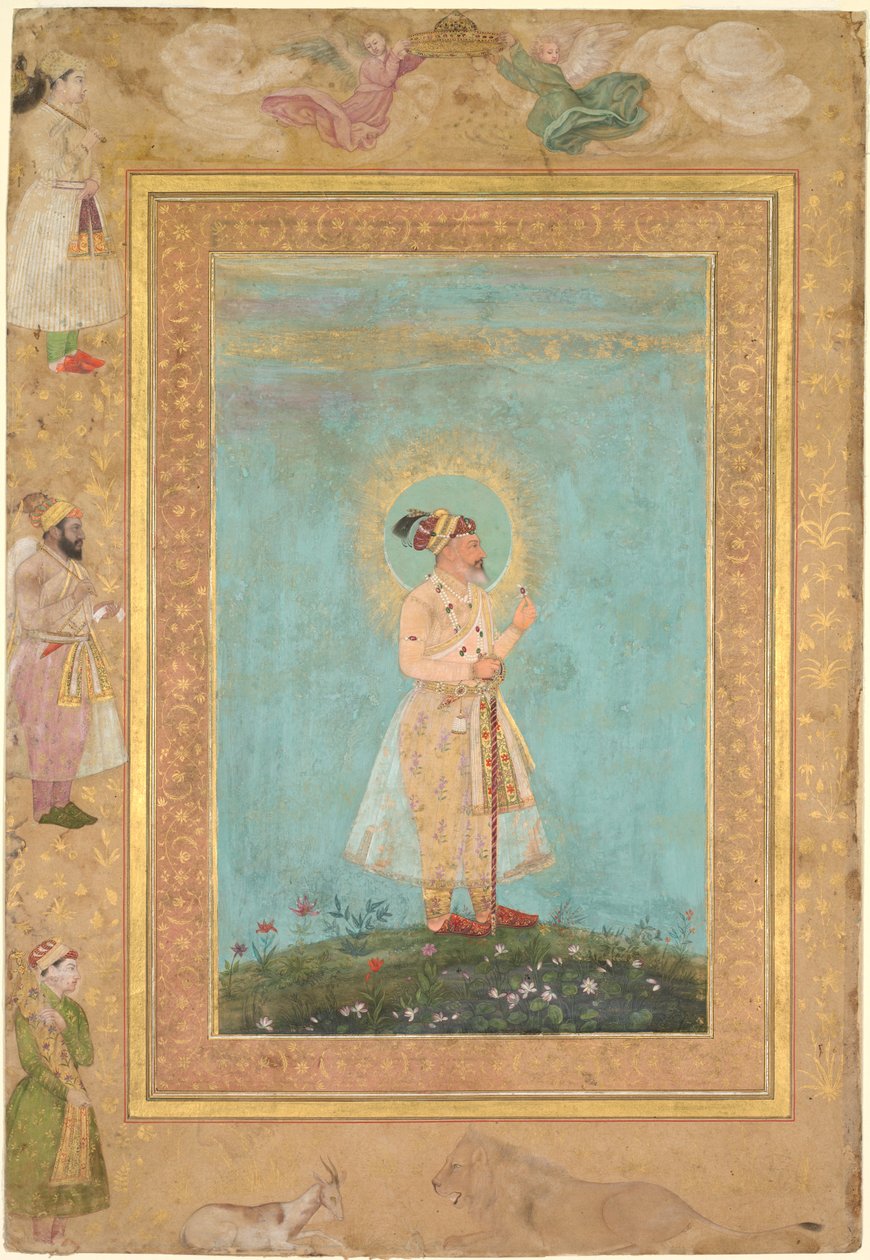 شاه جهان يحمل إسبنيل وسيف ديكان طويل ، من ألبوم شاه جهان الراحل ، ج. 1650. بواسطة هاشم