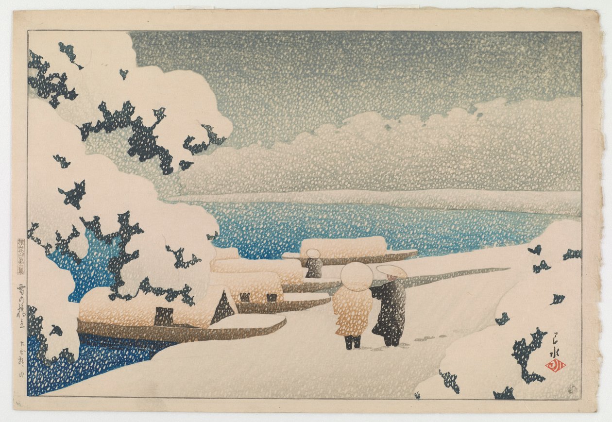 تساقط الثلوج في Hashidate (Yuki no hashidate) ، من سلسلة تذكارات السفر II (Tabi miyage dai nishū) بواسطة Hasui Kawase