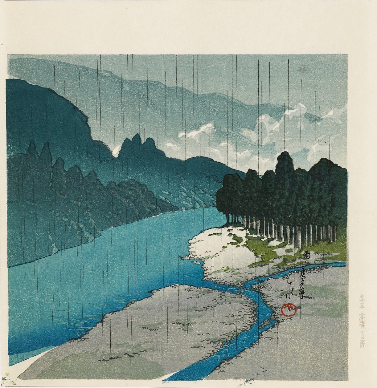 طبعة خشبية - "المطر في نهر أوكوتاما" ، 1988 بواسطة Hasui Kawase