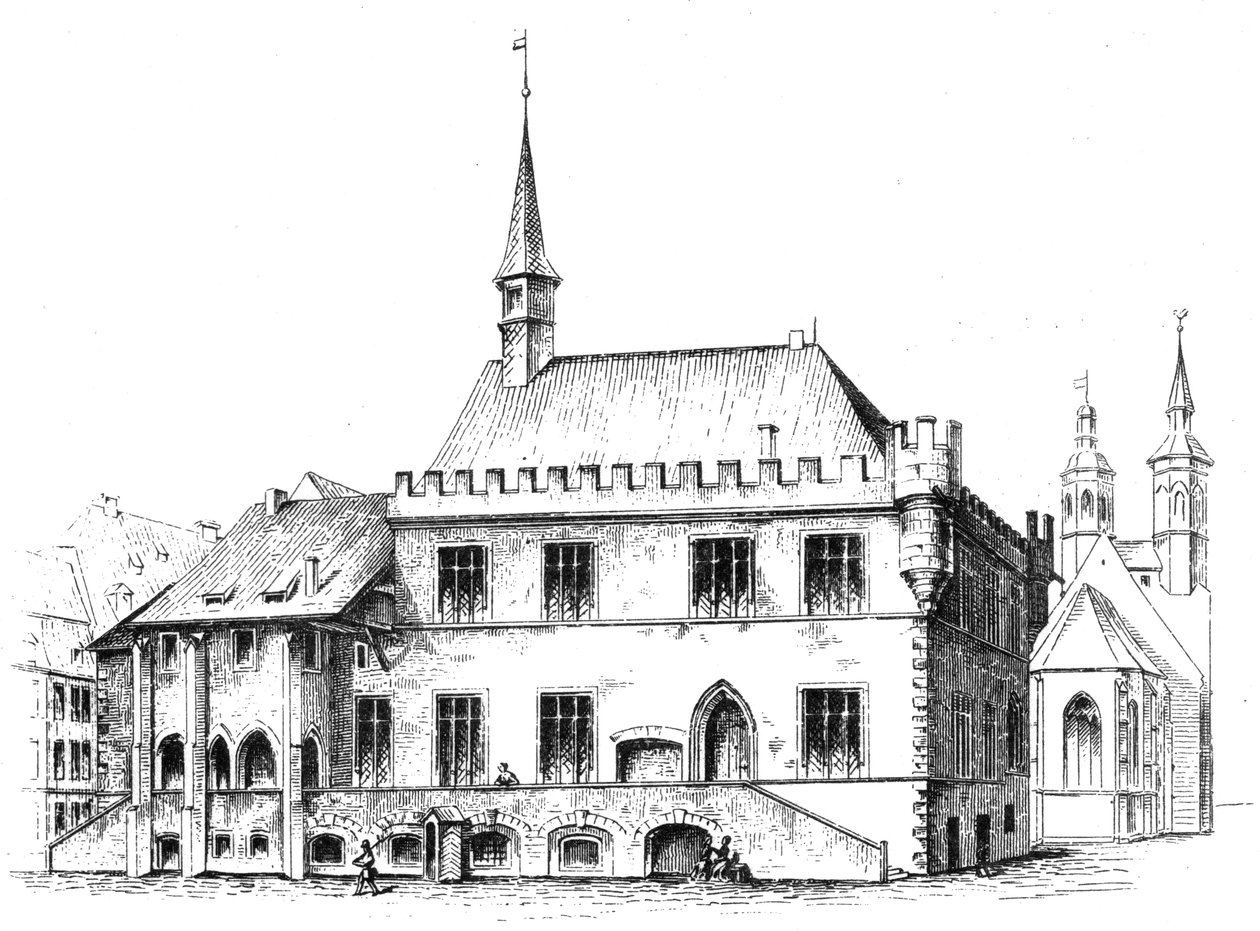قاعة المدينة القديمة في غوتنغن ، جنوب ساكسونيا السفلى ، رسم بواسطة HWH Mithoff في عام 1869. التسمية التوضيحية الأصلية بواسطة هيكتور فيلهلم هاينريش ميثوف