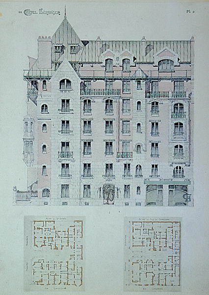مخطط الواجهة والأرض لـ "Castel-Beranger" ، رسم توضيحي من كتاب لهكتور غيمارد (1867-1942) (لون ليثو) بواسطة هيكتور غيمارد