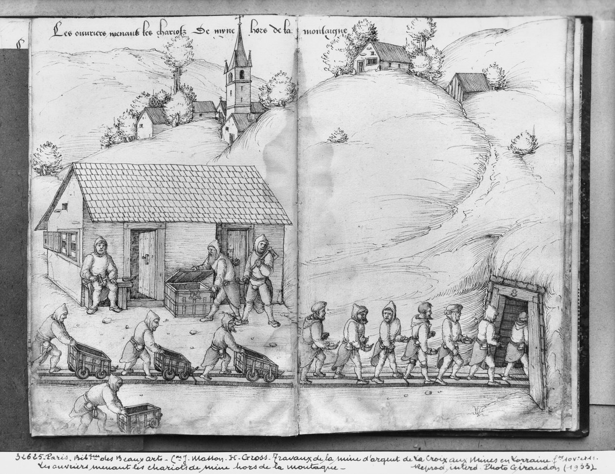 منجم الفضة في La Croix-aux-Mines ، Lorraine ، fol.10v and fol.11r ، عمال المناجم يدفعون الشاحنات ، c.1530 (قلم وحبر مع مرحاض على ورق) بواسطة هاينريش غروس أو غروف