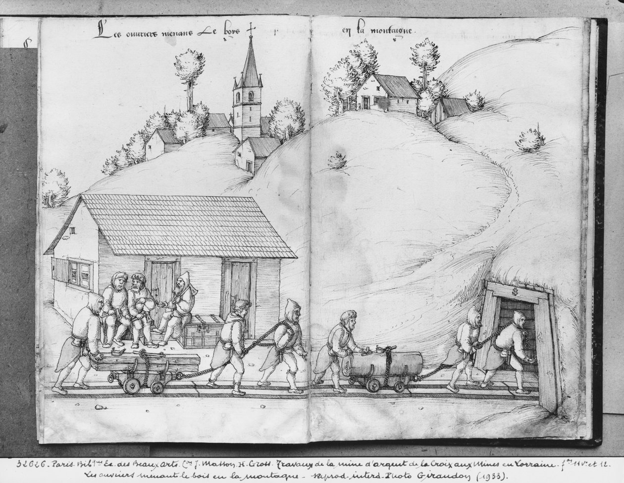 منجم الفضة في La Croix-aux-Mines ، Lorraine ، fol.11v and fol.12r ، عمال المناجم يجلبون الخشب إلى المنجم ، c.1530 (قلم وحبر مع مرحاض على ورق) بواسطة هاينريش غروس أو غروف