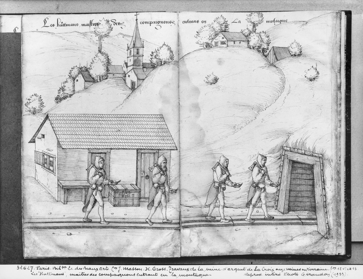منجم الفضة في La Croix-aux-Mines ، Lorraine ، fol.12v and fol.13r ، "huttmans" ، أسياد الصحابة ، الذين يدخلون المنجم ، c.1530 (قلم وحبر و wc على ورق) بواسطة هاينريش غروس أو غروف