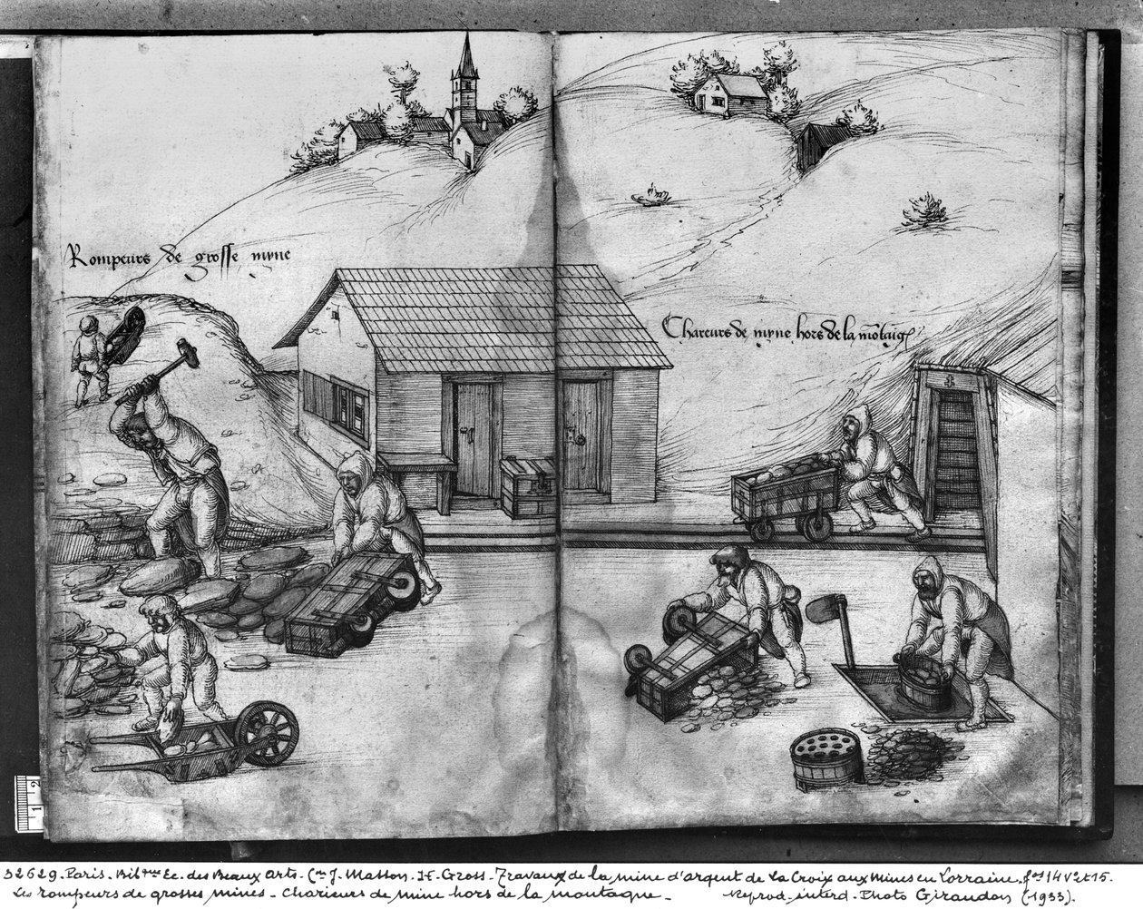 منجم الفضة في La Croix-aux-Mines ، Lorraine ، fol.14v and fol.15r ، كسر وحمل الخام ، c.1530 (قلم وحبر مع مرحاض على ورق) بواسطة هاينريش غروس أو غروف