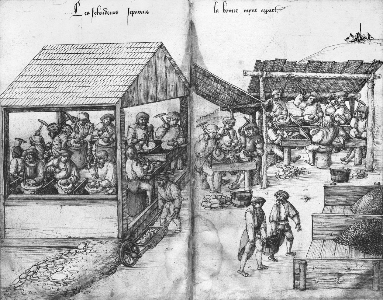 منجم الفضة في La Croix-aux-Mines ، Lorraine ، fol.15v and fol.16r ، عمال المناجم يقومون بفرز الخام ، c.1530 (قلم وحبر مع مرحاض على ورق) بواسطة هاينريش غروس أو غروف