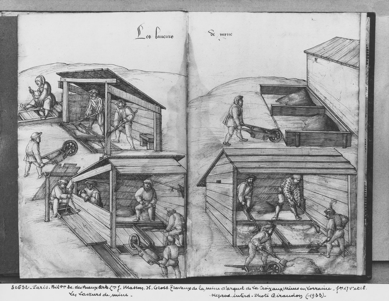 منجم الفضة في شركة La Croix-aux-Mines ، لورين ، ص. ١٧ ظ و ص. ١٨ ص ، غسل الخام ، ج. ١٥٣٠ (قلم وحبر مع مرحاض على ورق) بواسطة هاينريش غروس أو غروف