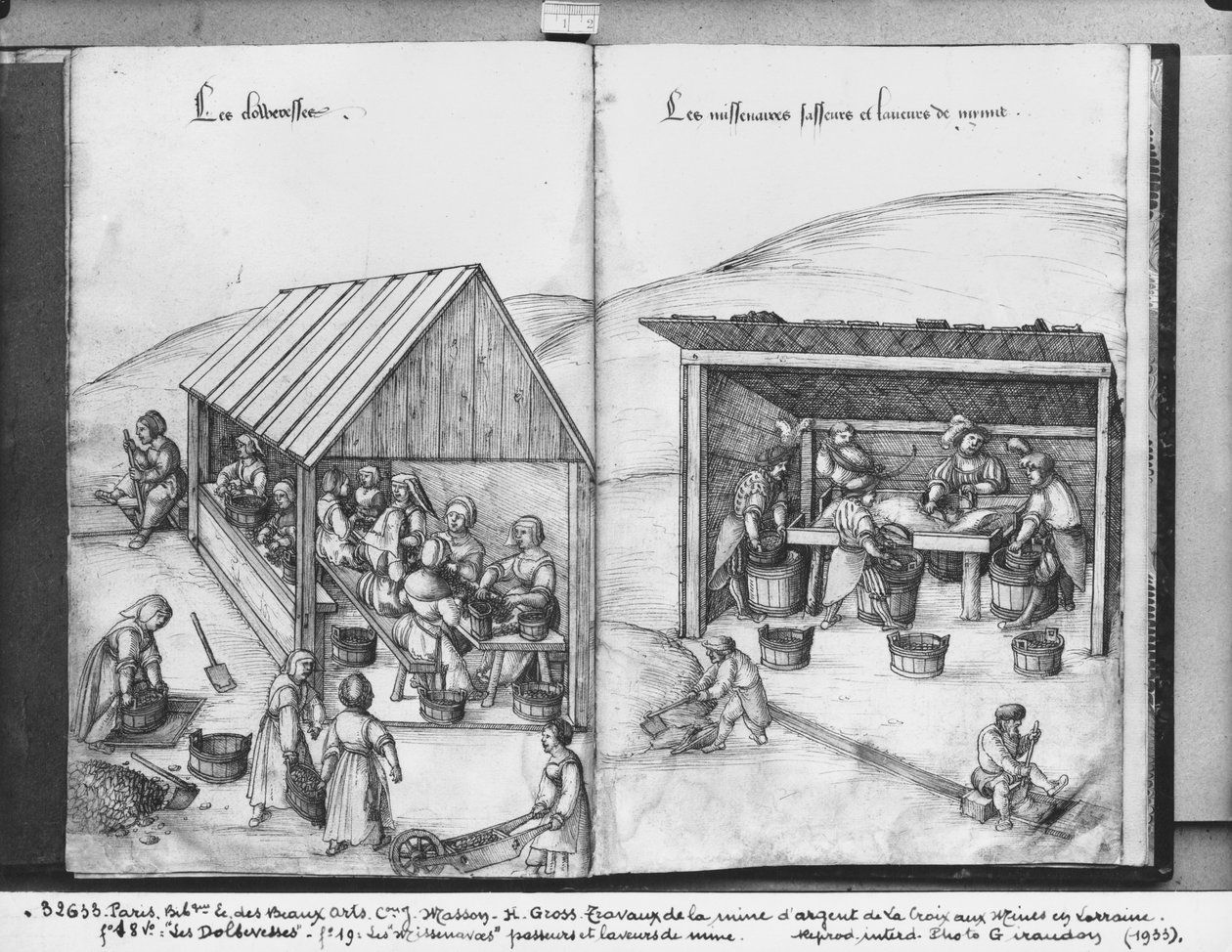 منجم الفضة في شركة La Croix-aux-Mines ، لورين ، ص. ١٨ ظ و ص. ١٩ ، فرز وغسل الخام ، ج. ١٥٣٠ (قلم وحبر مع مرحاض على ورق) بواسطة هاينريش غروس أو غروف