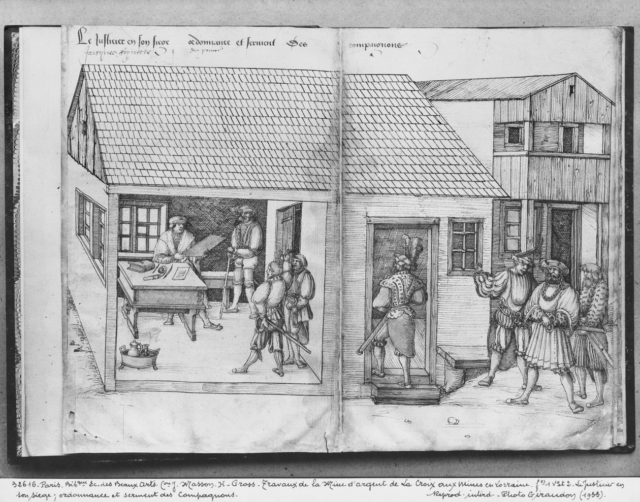 منجم الفضة في La Croix-aux-Mines ، Lorraine ، fol.1v and fol.2 ، قاضي المناجم ، مرسوم وقسم الصحابة ، c.1530 (قلم وحبر و wc على ورق) بواسطة هاينريش غروس أو غروف