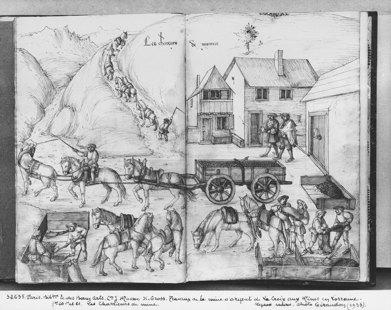 منجم الفضة في La Croix-aux-Mines ، Lorraine ، fol.20v and fol.21r ، نقل الخام ، c.1530 (قلم وحبر مع مرحاض على ورق) بواسطة هاينريش غروس أو غروف