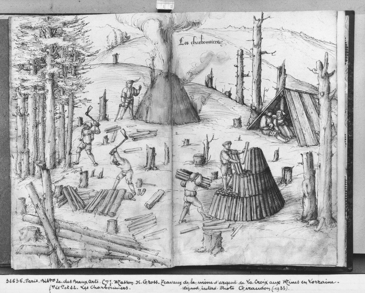 منجم الفضة في La Croix-aux-Mines ، Lorraine ، fol.21v and 22r، Coal Coal، c.1530 (قلم وحبر ومرحاض على ورق) بواسطة هاينريش غروس أو غروف
