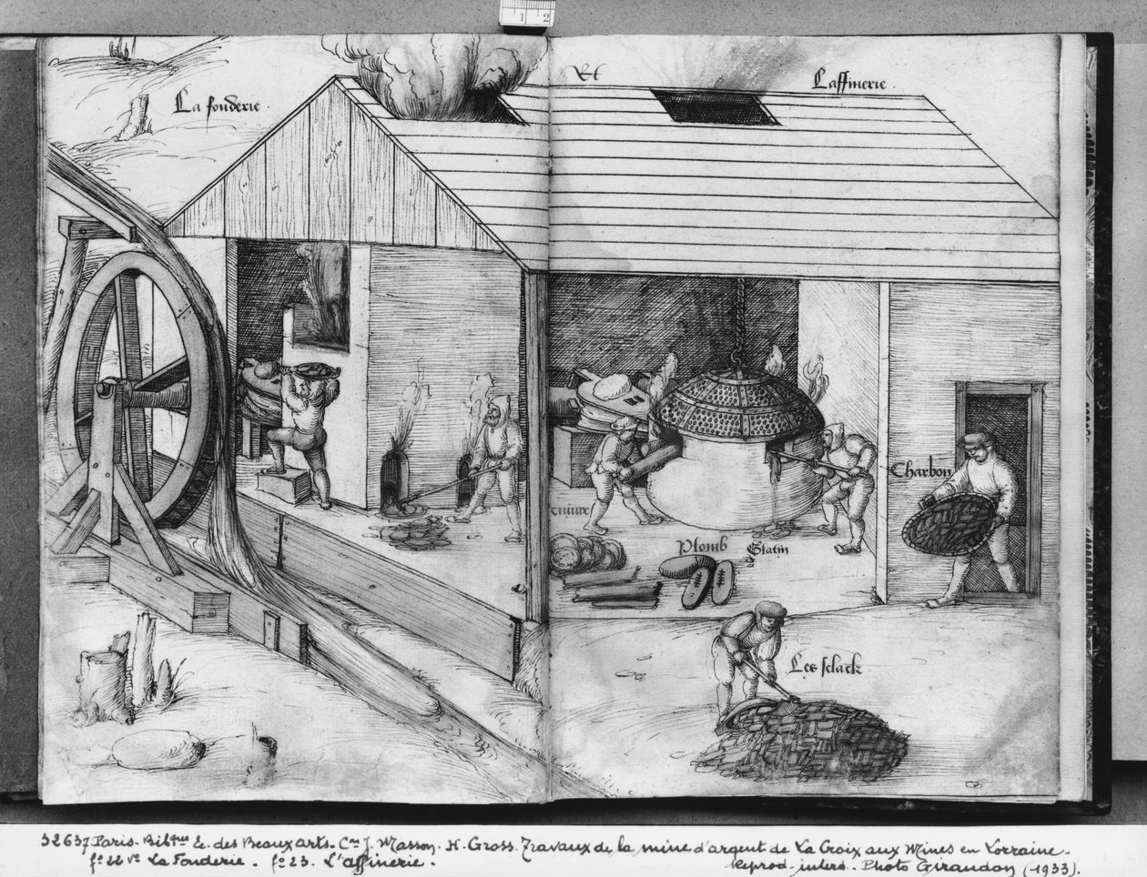 منجم الفضة في La Croix-aux-Mines ، Lorraine ، fol.22v و fol.23r ، مسبك وتكرير ، c.1530 (قلم وحبر مع مرحاض على ورق) بواسطة هاينريش غروس أو غروف