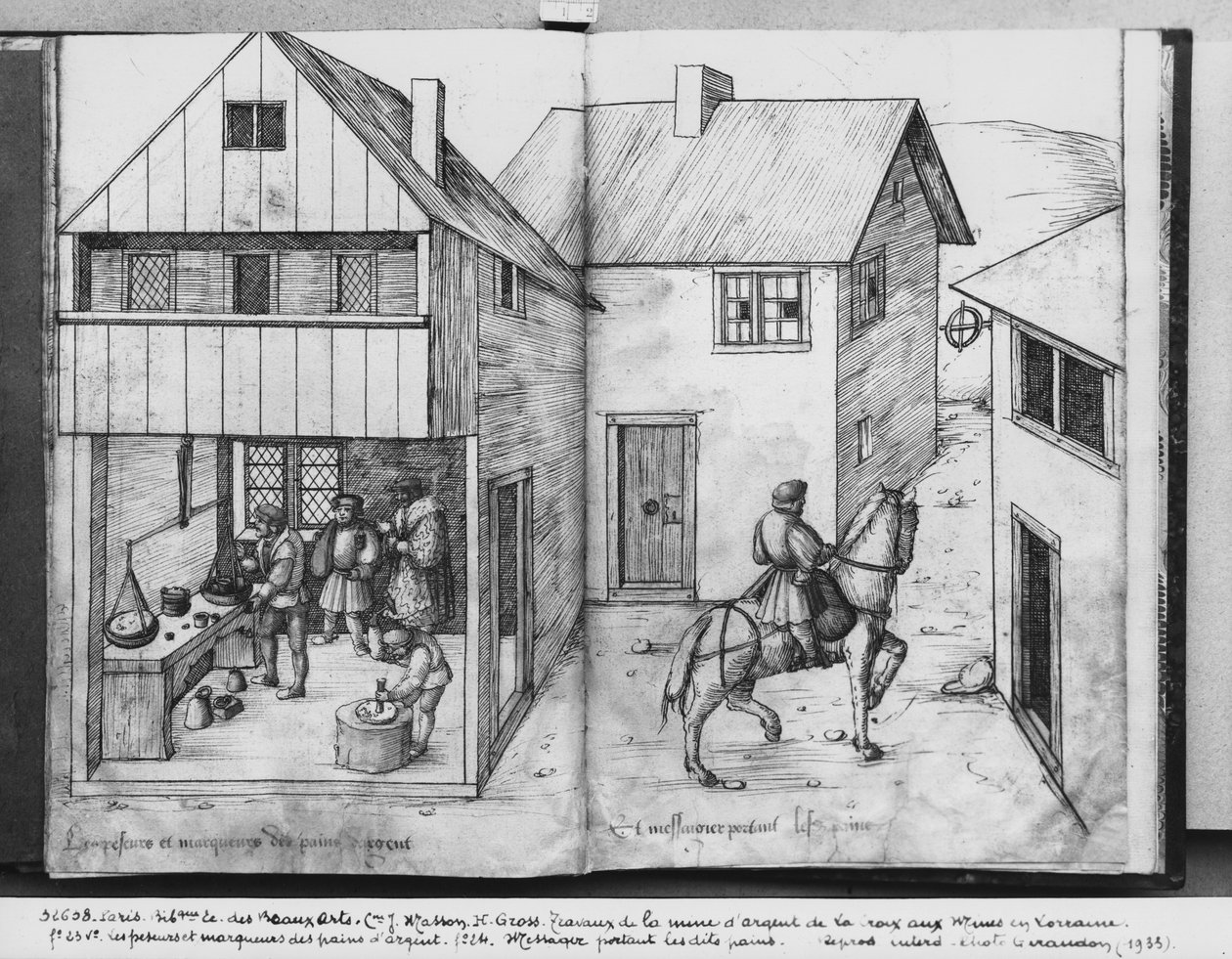 منجم الفضة في La Croix-aux-Mines ، Lorraine ، fol.23v and fol.24r ، يزن ويختم السبائك الفضية ، رسول يحمل سبائك ، c.1530 (قلم وحبر و wc على ورق) بواسطة هاينريش غروس أو غروف