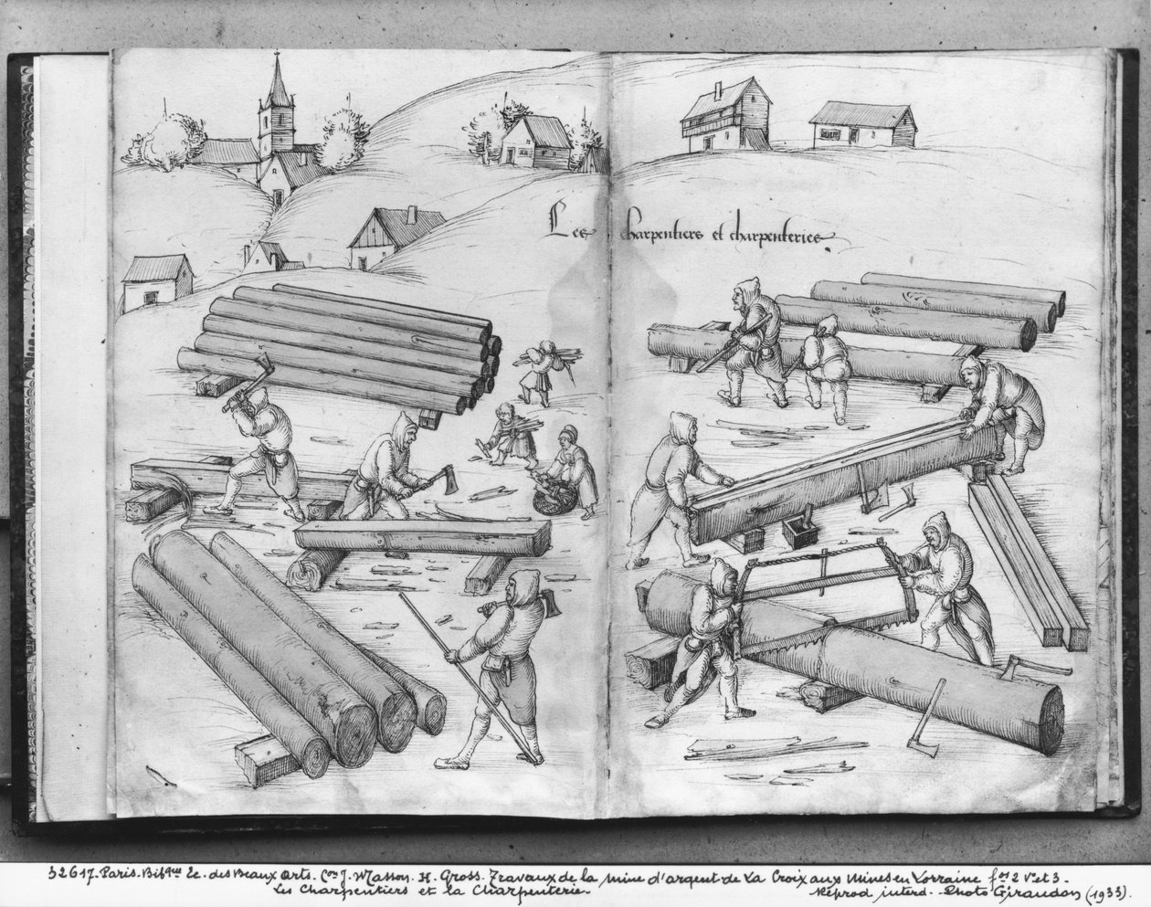 منجم الفضة في La Croix-aux-Mines ، Lorraine ، fol.2v and fol.3r ، النجارين والنجارة ، c.1530 (قلم وحبر مع مرحاض على ورق) بواسطة هاينريش غروس أو غروف