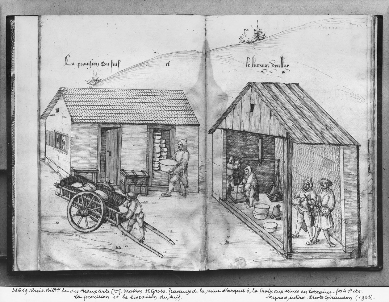 منجم الفضة في La Croix-aux-Mines ، Lorraine ، fol.4v and fol.5r ، توريد وتسليم الشحم ، c.1530 (قلم وحبر مع مرحاض على ورق) بواسطة هاينريش غروس أو غروف