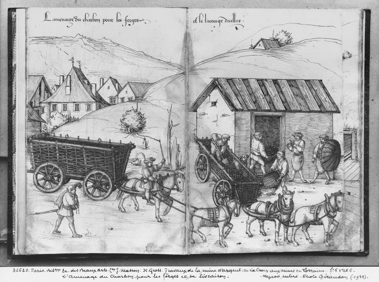 منجم الفضة في La Croix-aux-Mines ، Lorraine ، fol.5v and fol.6r ، نقل وتسليم الفحم للحواجز ، c.1530 (قلم وحبر مع مرحاض على ورق) بواسطة هاينريش غروس أو غروف
