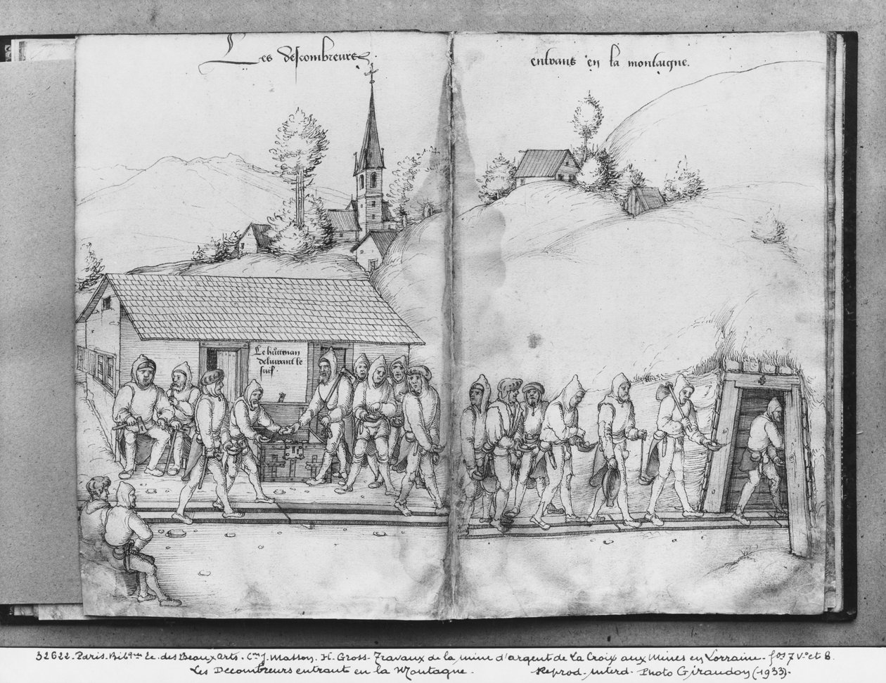 منجم الفضة في La Croix-aux-Mines ، Lorraine ، fol.7v و fol.8r ، جامعي القطع يدخلون المنجم ، c.1530 (قلم وحبر مع مرحاض على ورق) بواسطة هاينريش غروس أو غروف