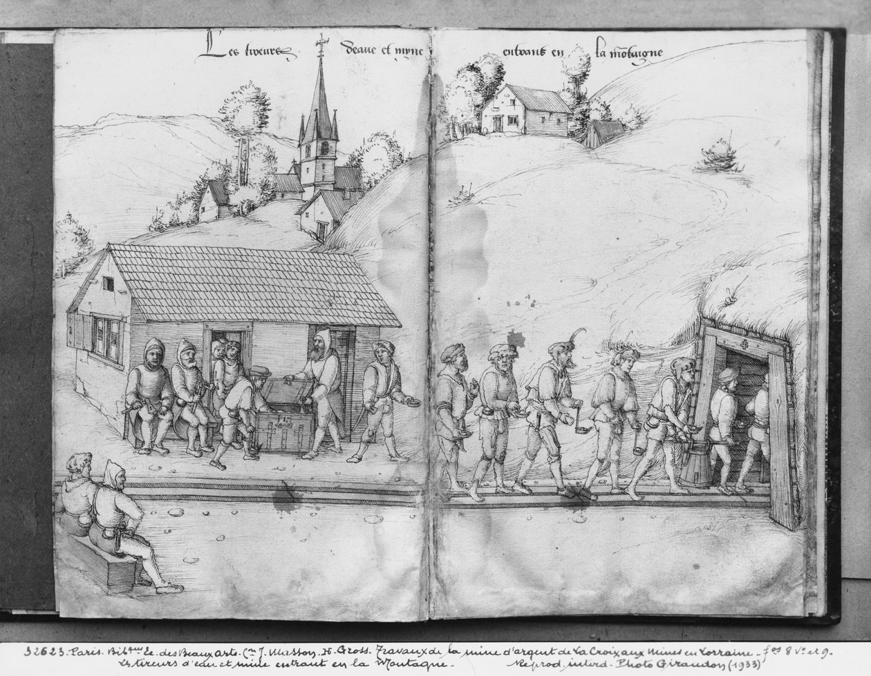 منجم الفضة في La Croix-aux-Mines ، Lorraine ، fol.8v and fol.9r ، عمال المناجم يدخلون المنجم ، c.1530 (قلم وحبر مع مرحاض على ورق) بواسطة هاينريش غروس أو غروف