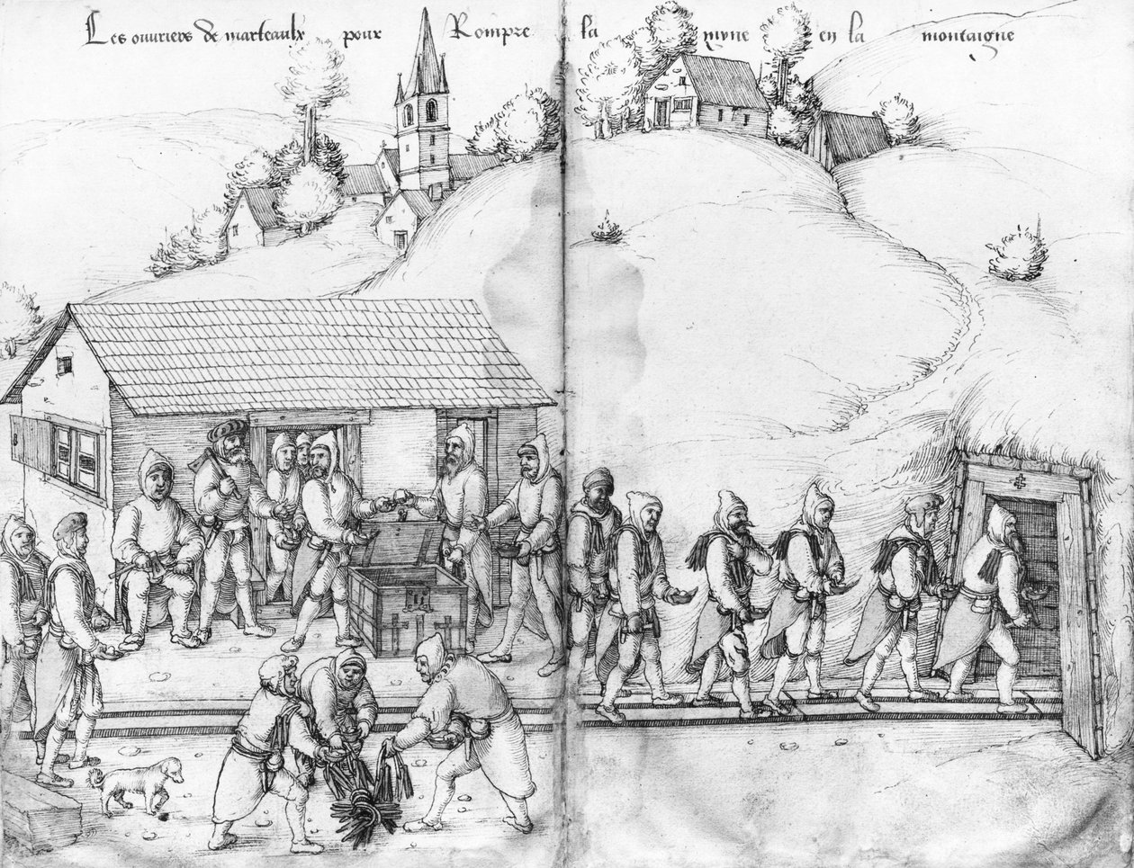 منجم الفضة في La Croix-aux-Mines ، Lorraine ، fol.9v and fol.10r ، عمال المناجم ومطارقهم ، c.1530 (قلم وحبر مع مرحاض على ورق) بواسطة هاينريش غروس أو غروف