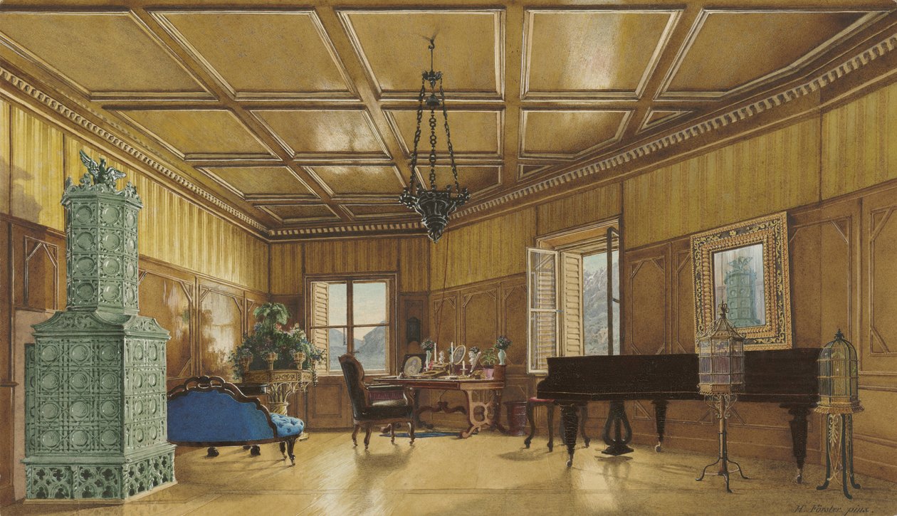 غرفة الموسيقى من Archduchess Margarete ، أميرة ساكسونيا ، في Schloss Ambras ، 1870-9 (ألوان مائية وغواش على ورق منسوج) بواسطة هاينريش فون فورستر