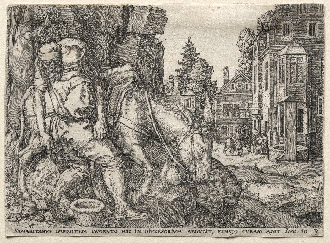 مثل السامري الصالح: السامري الصالح يضع المسافر على حماره ، 1554. بواسطة هاينريش ألدغريفير