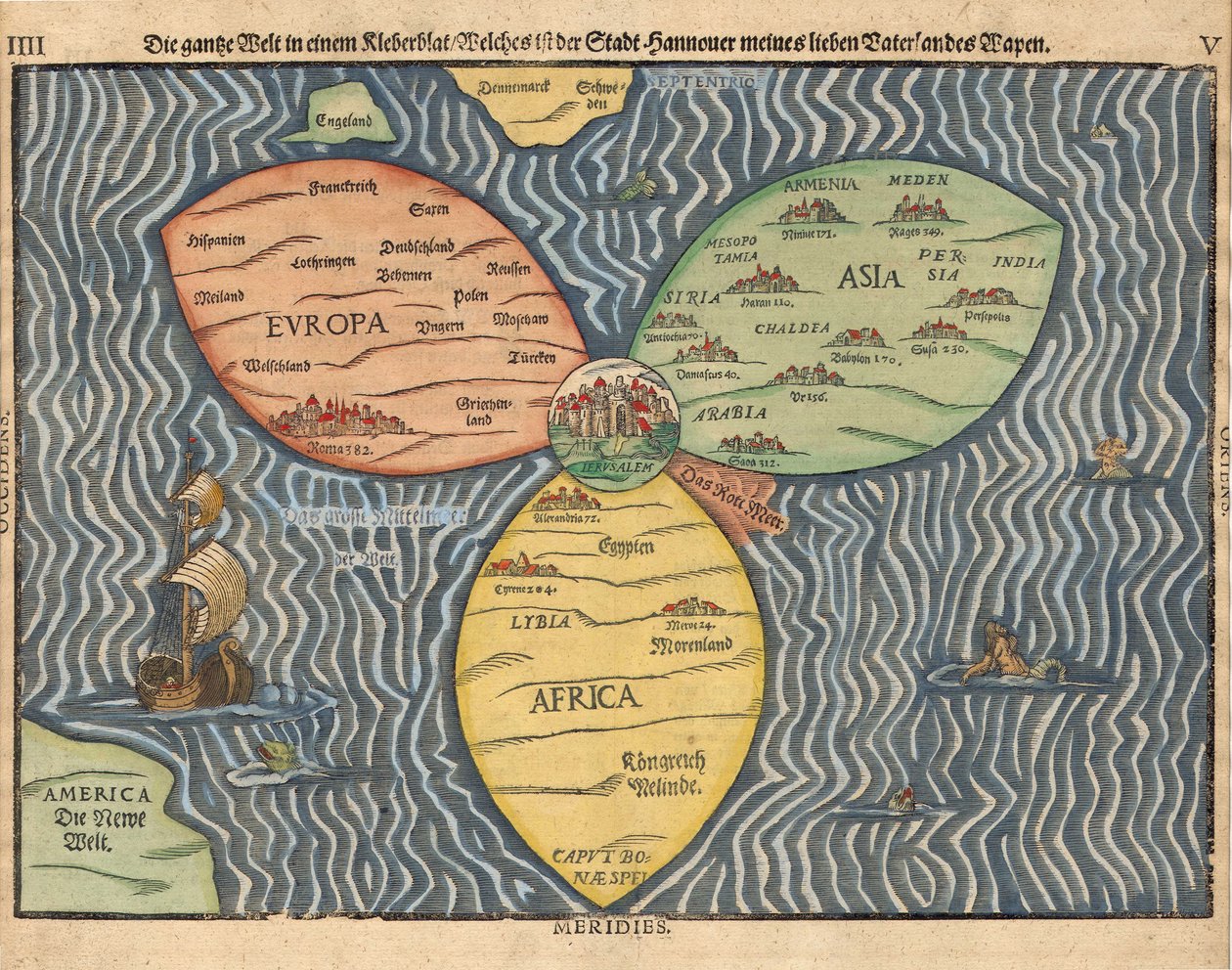 القارات الثلاث مع القدس في وسط العالم ، 1581 بواسطة هاينريش بونتينج
