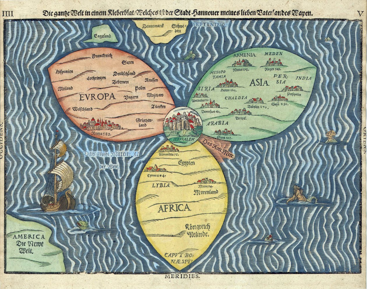 القارات الثلاث مع القدس في مركز العالم بقلم هاينريش بونتيج (بوينتيج) (1545-1606) بواسطة هاينريش بونتيج