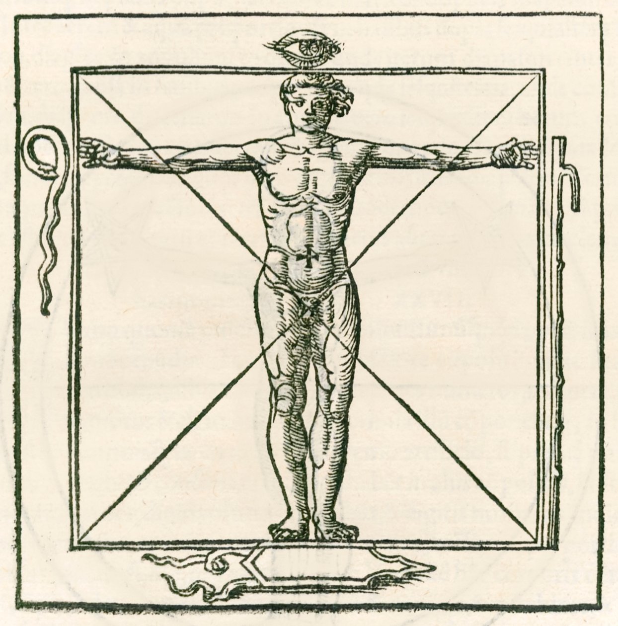 رجل في مربع محاط برموز العين والأفعى وسبعة أقسام ودرع. نقش من Heinrich Cornelius Agrippa von Nettesheim (1486-1535) De occultaفلسفة libri tres (Three B بواسطة هاينريش كورنيليوس أغريبا من نيتسهايم