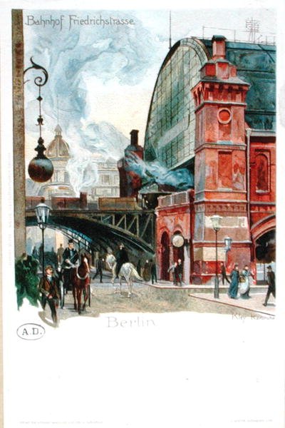محطة السكة الحديد في شارع فريدريشتراسيه ، برلين ، حوالي عام 1900 (ليثو ملون) بواسطة هاينريش كلي