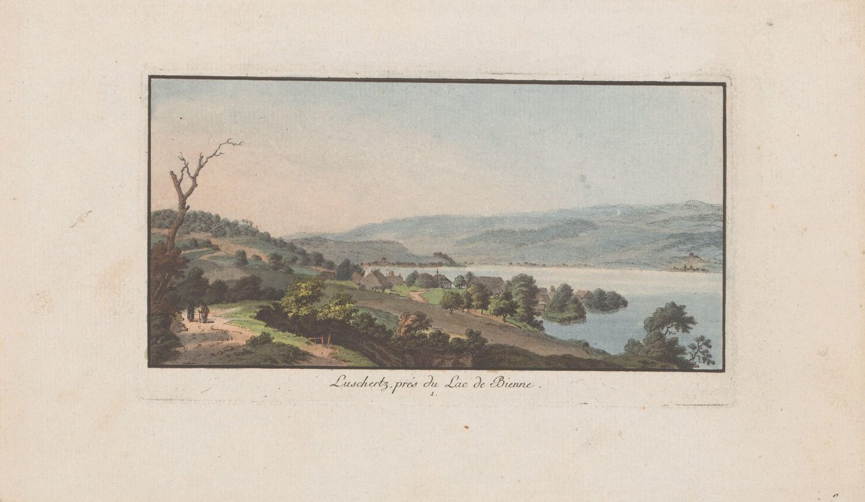 منظر لـ Lüscherz على نهر Bielersee Luschertz ، بالقرب من Lac de Bienne (العنوان على الكائن) المناظر الطبيعية في سويسرا (عنوان السلسلة) جمع بعض وجهات النظر في سويسرا (عنوان السلسلة) بواسطة هاينريش ريتر