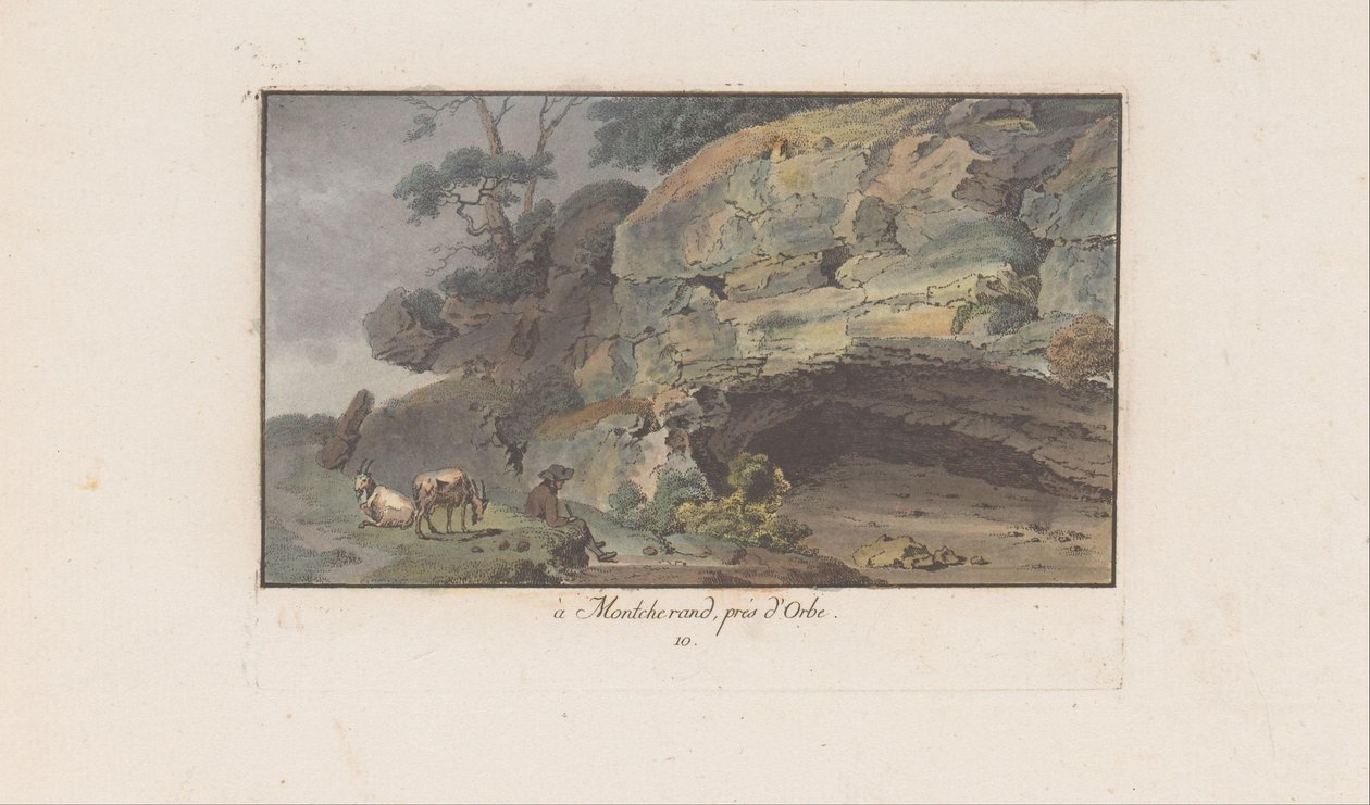 Herder voor een grot te Montcherand à Montcherand، près d'Orbe (العنوان على الكائن) Landschappen in Zwitserland (عنوان السلسلة) Sammlung einiger Aussichten in der Schweiz (عنوان السلسلة) بواسطة هاينريش ريتر