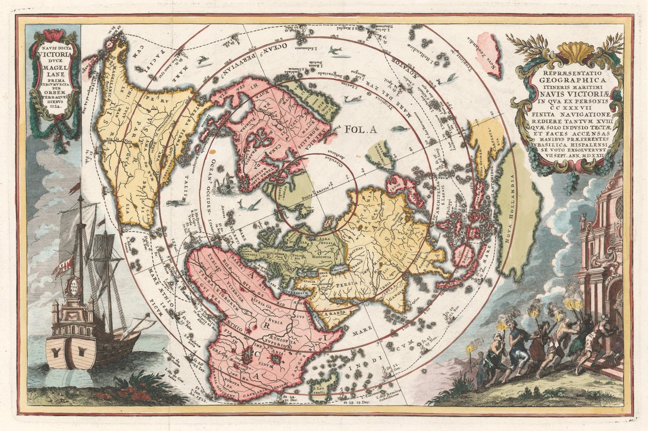 خريطة العالم مع طواف ماجلان حول أطلس شيرر ، 1702-1703 بواسطة هاينريش شيرير