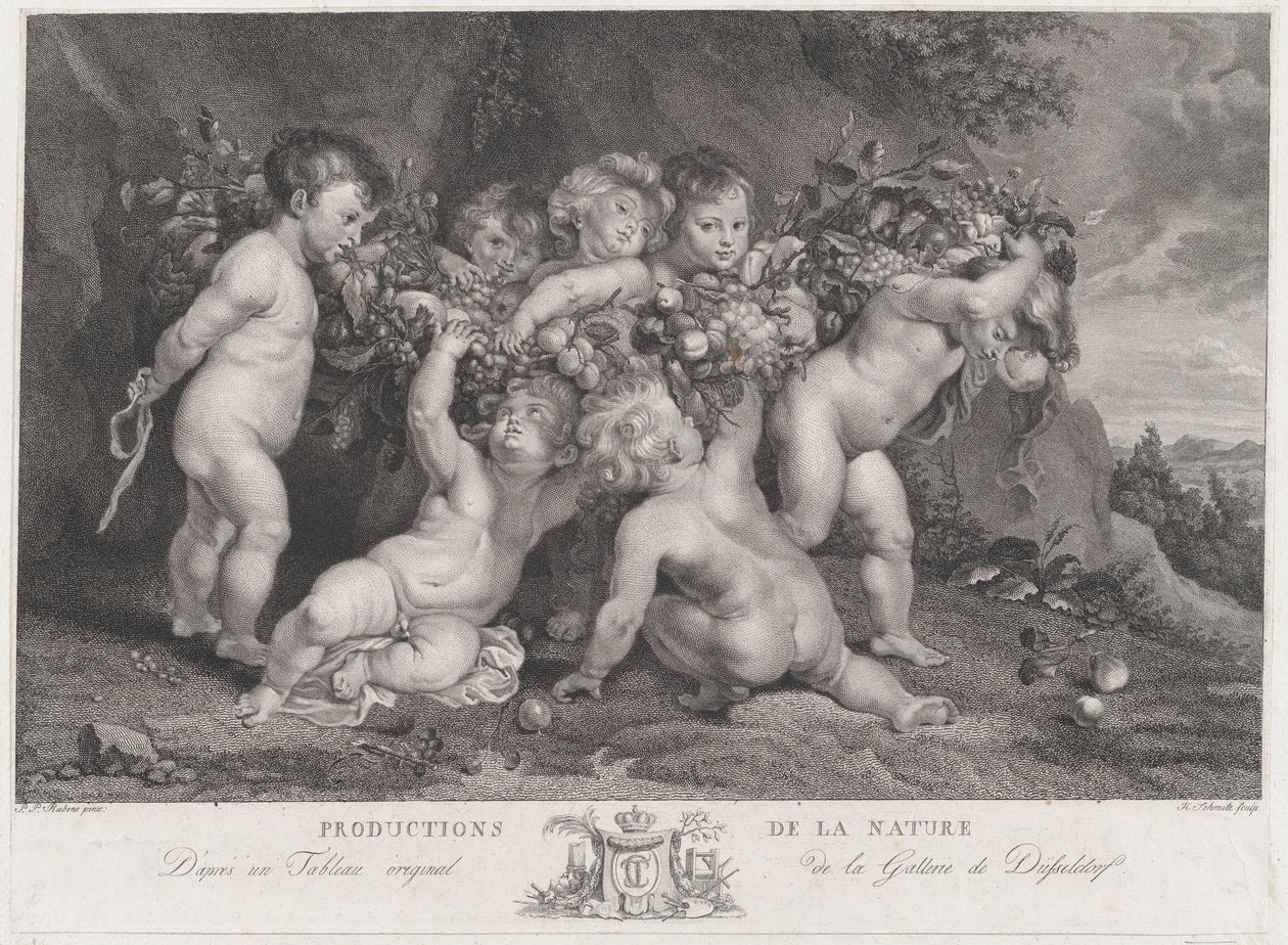 سبعة معجون يحمل إكليل من الفاكهة ، كاليفورنيا. 1780 - 87. بواسطة هاينريش شميتز