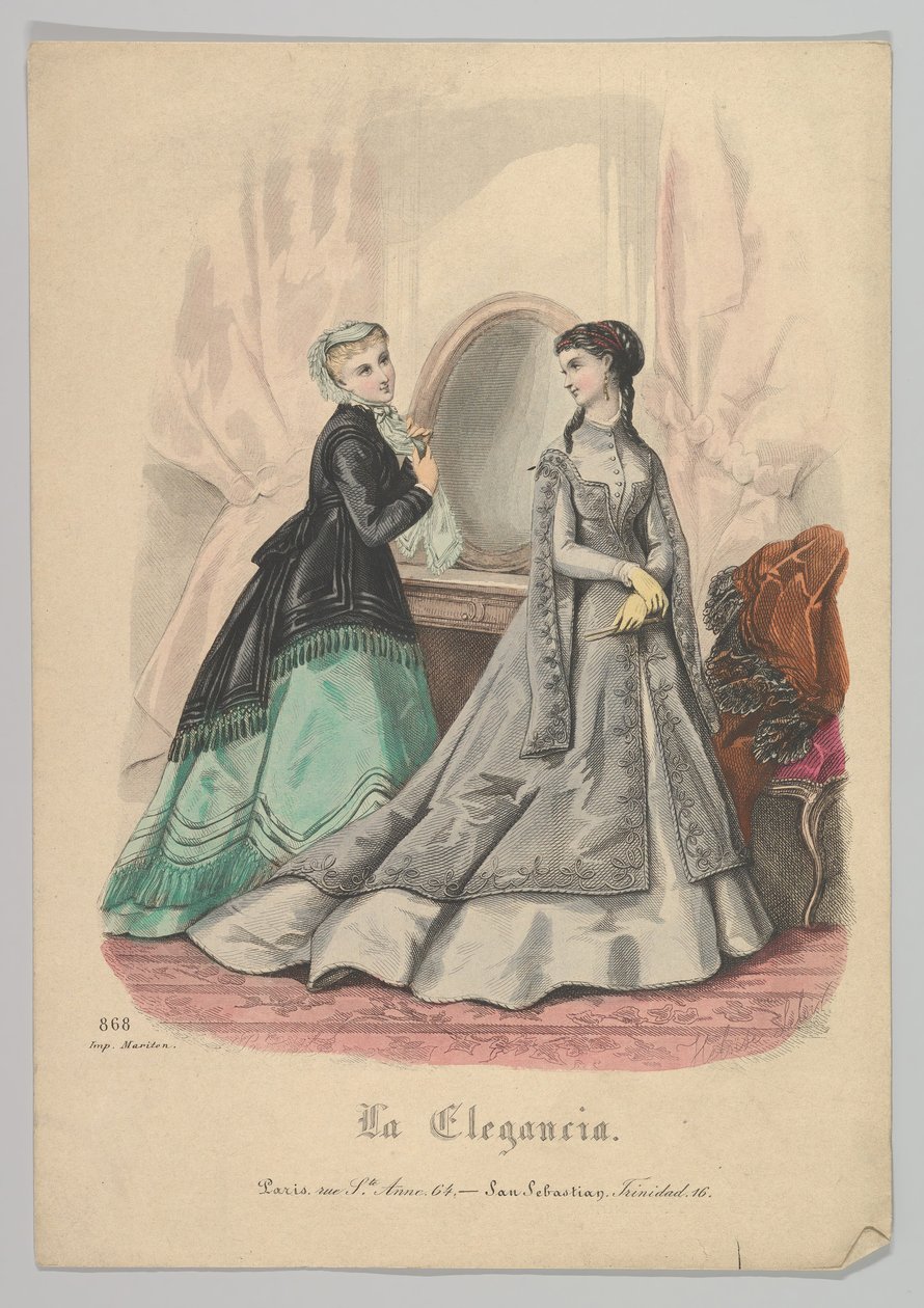 امرأتان مع مرآة ، رقم 868 ، من La Elegancia San Sebastian ، القرن التاسع عشر. بواسطة Heloise Leloir