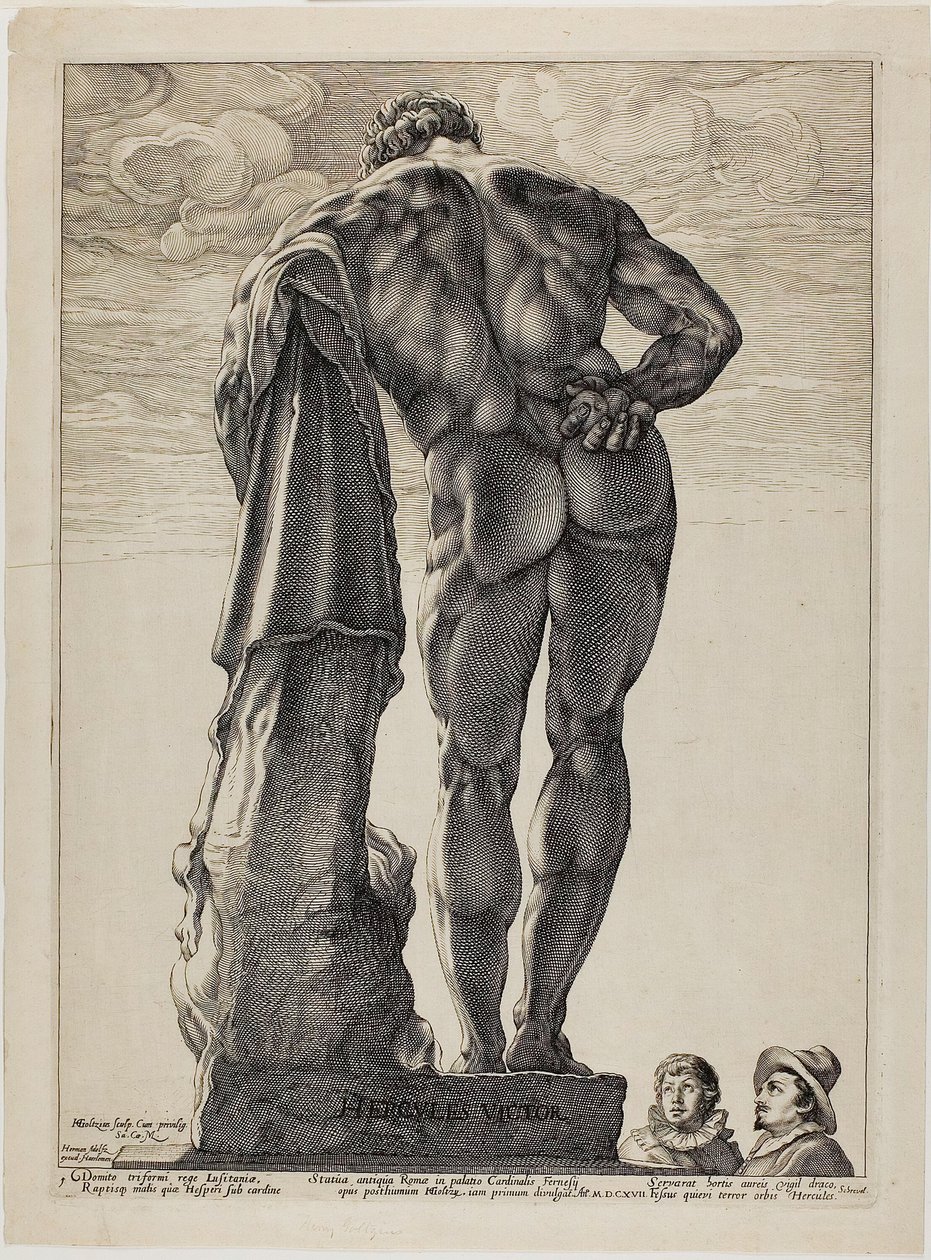 The Farnesian Hercules ، اللوحة الأولى من ثلاثة منحوتات أثرية شهيرة بواسطة هندريك جولتزيوس